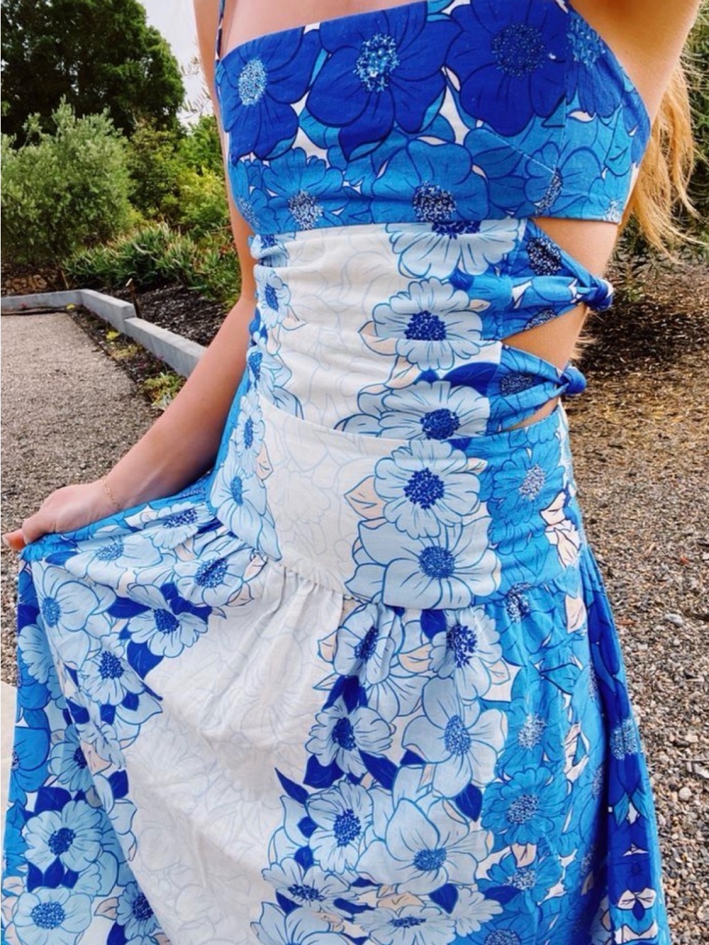 Farm Rio Flower Stripes Cutout Midi Dress Blue